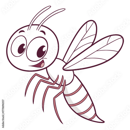 A happy cartoon mosquito with big eyes and striped abdomen flying in a silhouette style isolated on white background