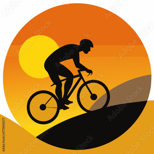 Silhouette of a mountain biker riding downhill against a vibrant sunset with a large yellow sun and orange sky isolated on white background