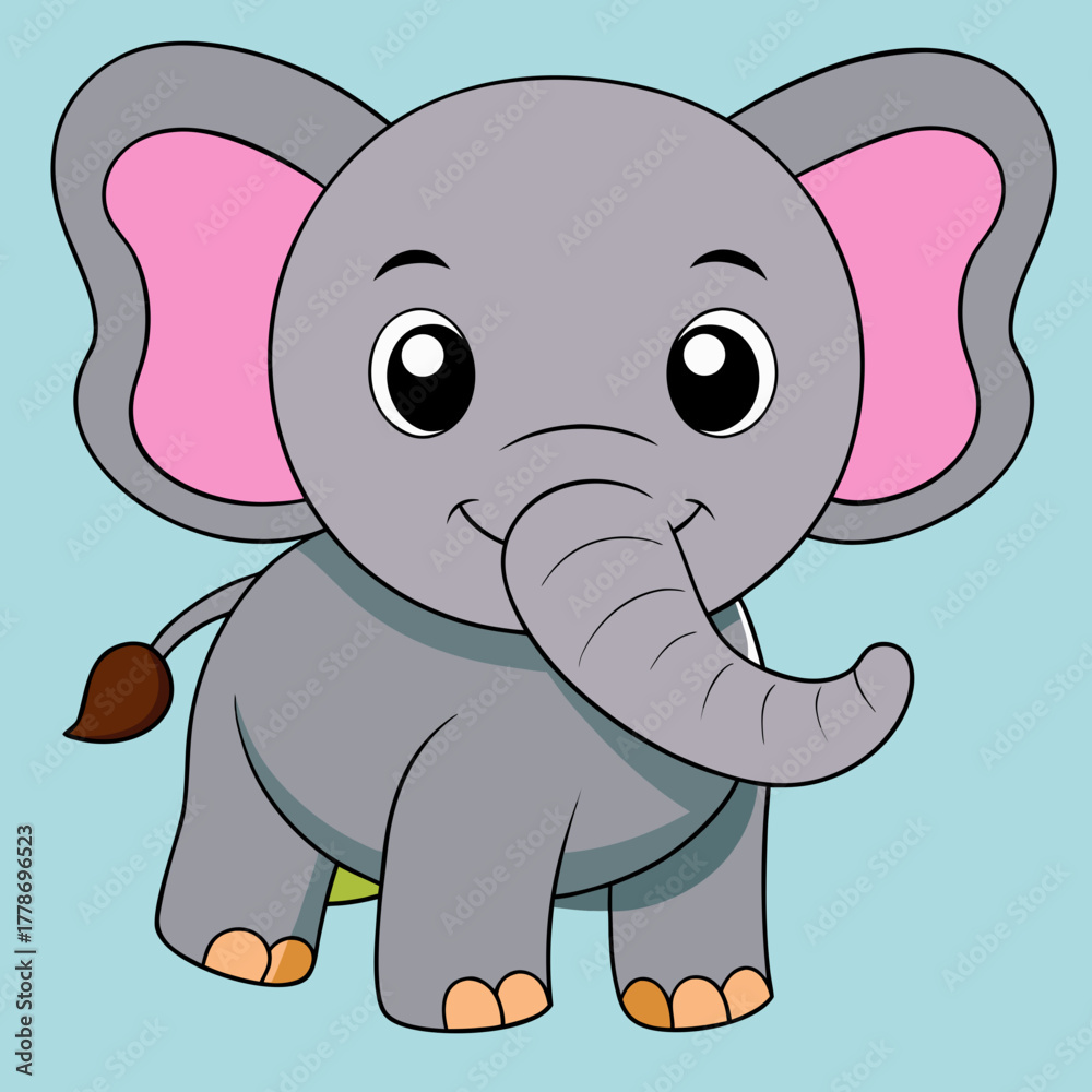 Naklejka premium A cute adorable cartoon baby elephant with big eyes and pink inner ears standing happily isolated on white background silhouette