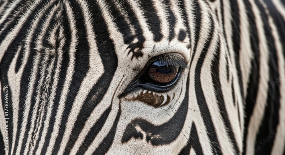 Obraz premium Close-up of zebra eye and stripes pattern in black and white