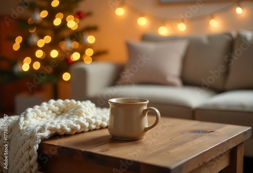 Wallpaper Mural Cozy Christmas Living Room with Rustic Coffee Table, Steaming Mug, Knitted Blanket, and Twinkling Tree Lights Torontodigital.ca