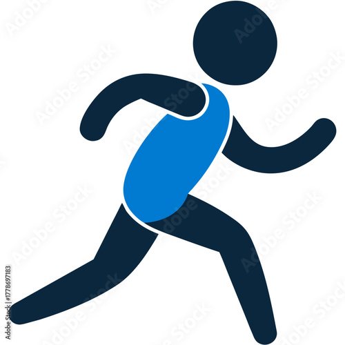 A stylized dark blue and bright blue silhouette of a person running with their arms and legs in motion isolated on white background