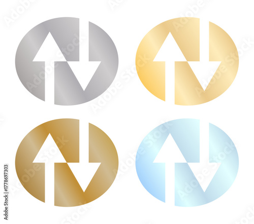 ゴールド・シルバー・ブロンズ・ブルーの光沢を持つ上下矢印メタルアイコンコレクション