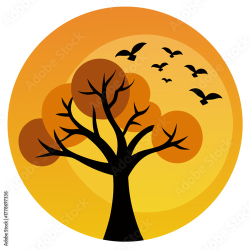 Photography Stylized black silhouette of a bare tree with flying birds against a warm gradie