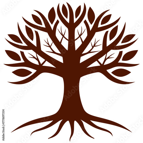 Stylized brown tree silhouette with branching limbs and prominent roots isolated on white background silhouette