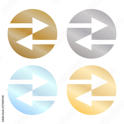 左右矢印をゴールド・シルバー・ブロンズ・ブルーのメタリックで配置したエレガントな方向アイコンコレクション
