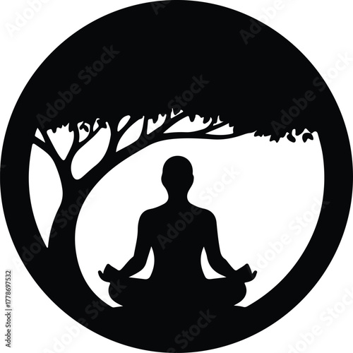 Vector meditative person sitting under tree silhouette illustration