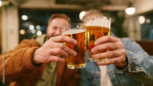 Happy friends clinking beer glasses at the bar—genuine smiles, warm atmosphere and a sense of belonging that sells nightlife, hospitality and weekend celebration stories