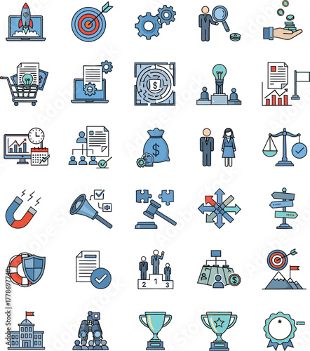 Collection of business and finance icons representing growth strategy and success