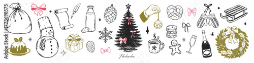 Whimsical Christmas vintage sketch set. Hand drawn holiday tree, cookies, gingerbread, snowflakes, snowman, champagne and bows in doodle style.