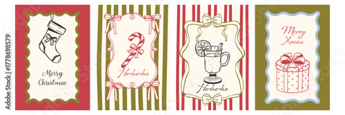 Set of hand drawn ink sketch Christmas cards. Vintage posters with Christmas stocking, candy cane and gift box. Whimsical doodle illustrations.