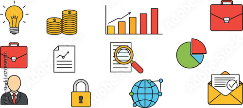 Collection of hand drawn business and finance icons including lightbulb coins graph briefcase pie chart magnifying glass