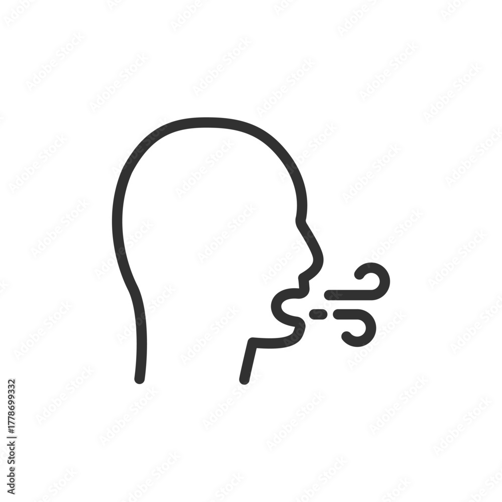 Obraz premium Human head exhaling air, linear icon. Breathing, relaxation or exhalation concept. Line with editable stroke.