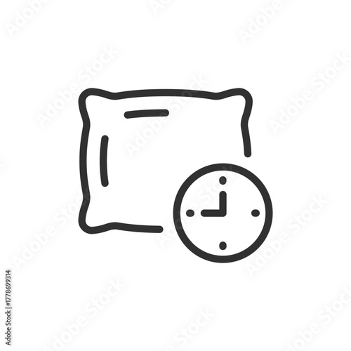 Pillow with clock, linear icon. Sleep time and rest schedule. Line with editable stroke.