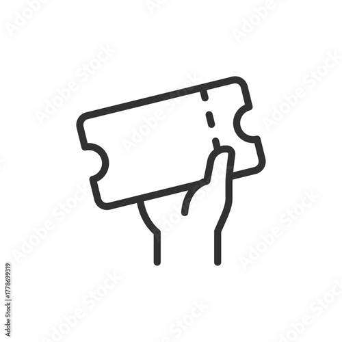 Hand holding ticket, linear icon. Admission or event entry concept. Line with editable stroke.