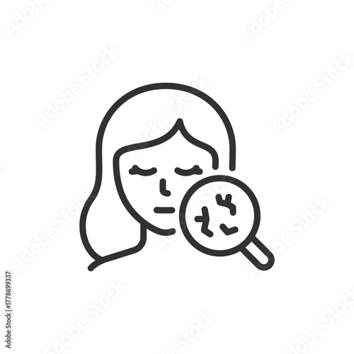 Woman examining skin with magnifier, linear icon. Dry skin and dermatology problem. Line with editable stroke.