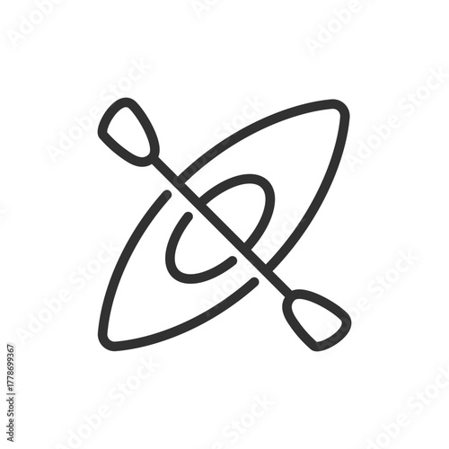 Kayak with paddle, linear icon. Water sport and outdoor adventure. Line with editable stroke.