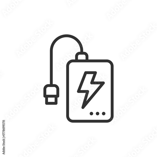 Power bank with cable, linear icon. Portable battery and charging device. Line with editable stroke.