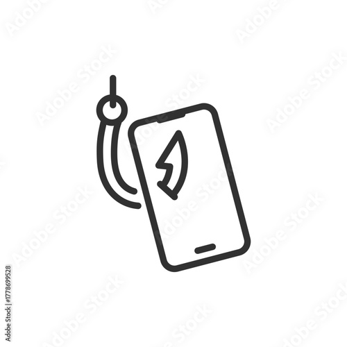Smartphone on hook, linear icon. Phone scam and phishing fraud. Line with editable stroke.