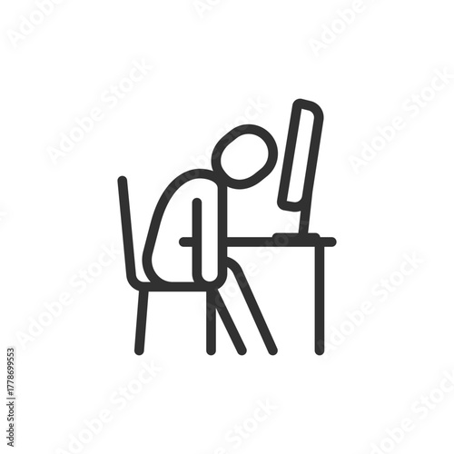 Tired person at desk, linear icon. Fatigue and overwork at computer. Line with editable stroke.
