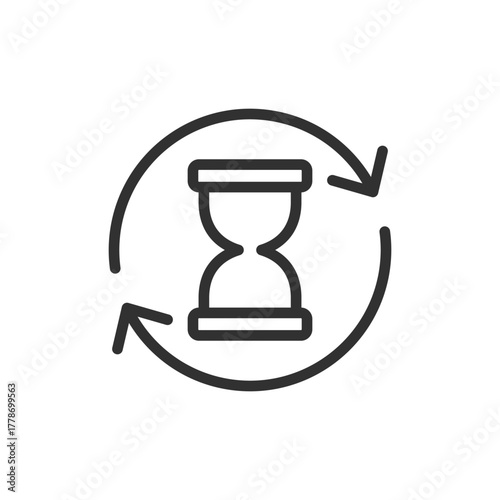 Hourglass with arrows, linear icon. Time cycle and renewal process. Line with editable stroke.