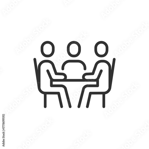 People sitting at table, linear icon. Team meeting and discussion. Line with editable stroke.