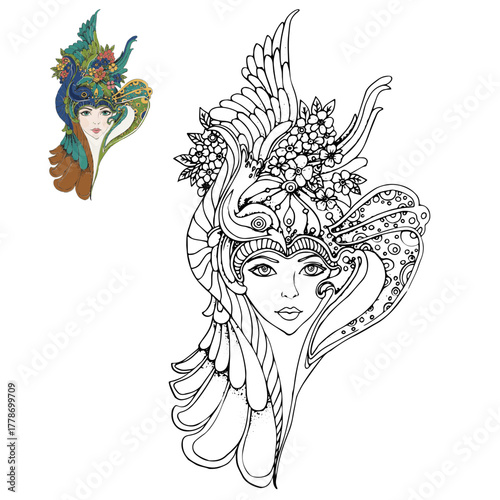 floral girl vector illustration of black and white coloring page