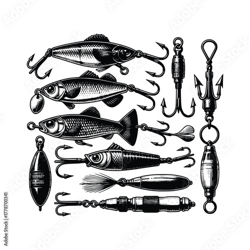 Vintage Monochrome Fishing Lures Set – Classic Angling Equipment Illustration