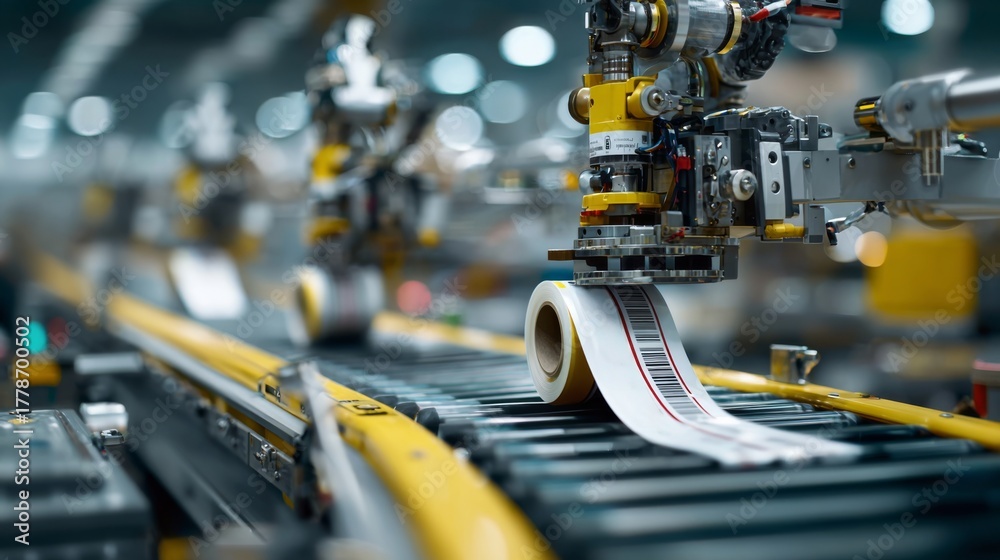 Fototapeta premium Automated machinery in a modern factory, focusing on a high-tech printing process with precision controls and vibrant colors.