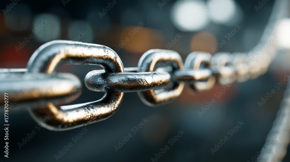 Naklejka premium Close-up of a metallic chain link, showcasing its industrial strength and reflective surface in an abstract setting.