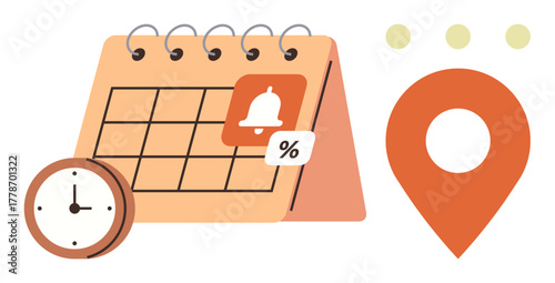 Desk calendar with reminder bell and discount icon, clock for time tracking, and location pin. Ideal for scheduling, planning, deadlines, reminders, travel, productivity simple flat metaphor