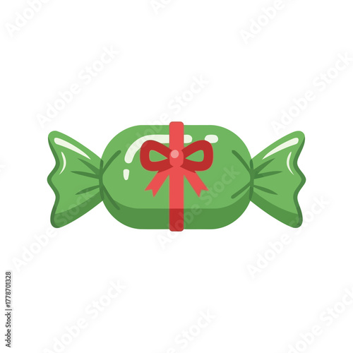 Sweet green candy gift wrapped with red ribbon festive treat isolated on isolated on white background