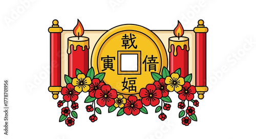 Ancient Chinese Good Fortune Coin with Red Candles and Flowers.
