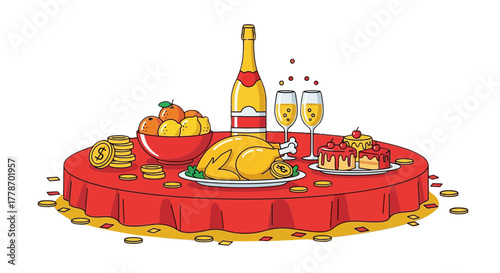 Festive Dinner Table with Roasted Chicken Champagne and Fruit.