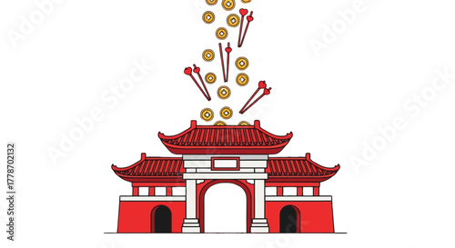 Chinese Temple Gate with Falling Coins and Chopsticks.