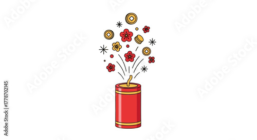 Festive Firecracker Exploding with Colorful Decorations and Sparks.