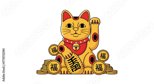 Maneki Neko Lucky Cat with Gold Coins Waving Paw.