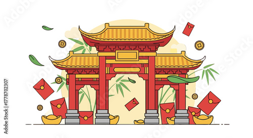 Traditional Chinese Torii Gate with Festive Decorations.