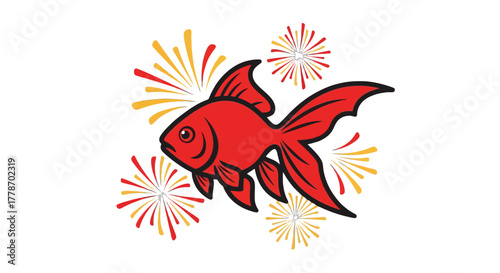 Red goldfish swimming with fireworks display in the background.