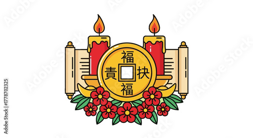 Chinese New Year Celebration Symbolizing Prosperity and Good Fortune with Candles and Flowers.