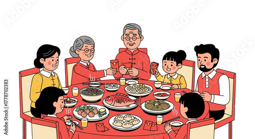 Happy multi-generational Asian family enjoying a festive reunion dinner together.