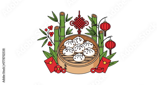 Steaming dumplings in bamboo steamer with Chinese New Year decorations.