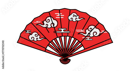 Red Japanese Hand Fan with Cloud Motifs and Traditional Design.