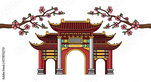 Traditional Chinese Gate with Cherry Blossom Branches.