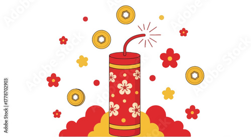 Festive firecracker illustration with floral patterns and celebratory elements.