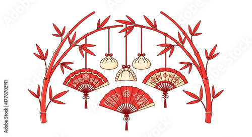 Festive Chinese New Year Decoration with Fans and Lanterns.