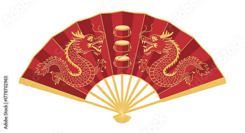 Elegant Red and Gold Chinese Fan with Dragon and Tea Cup Designs.