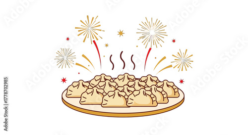 Delicious dumplings arranged on a plate with festive fireworks celebration.
