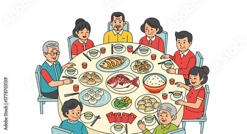Chinese Family Enjoying a Traditional Lunar New Year Reunion Dinner.