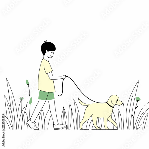 Boy walking yellow dog in green meadow with grass  